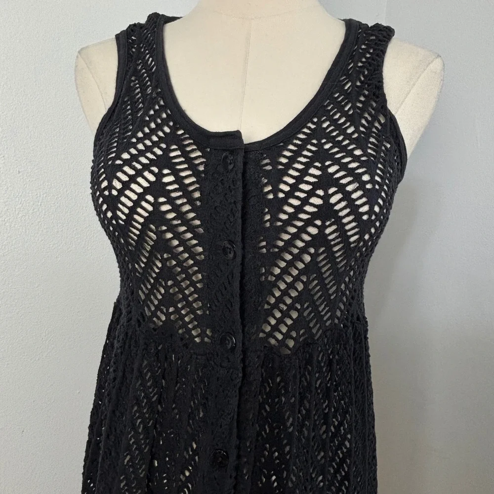 Black Crochet Knit Button-Front Midi Dress Boho Dark Cottagecore Duster Women M